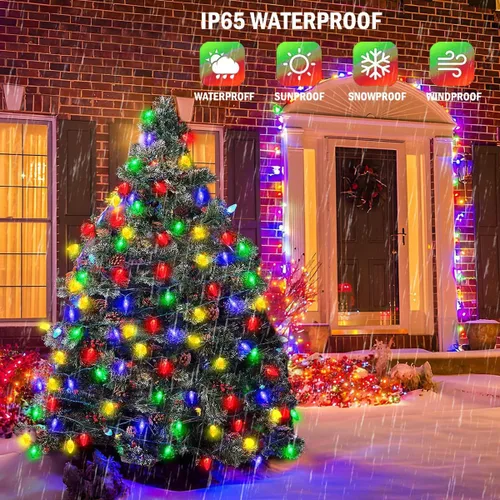 Vista 4 de 39 pies 100 luces LED solares C6 LED de Navidad – al aire libre, 8 modos C6 fresa multicolor cadena de luces para árbol de Navidad, vacaciones