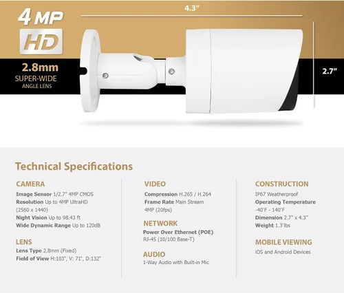 Vista 5 de Cámara de bala Marquis de 4 MP PoE IP con audio, cámara de seguridad IP para exteriores, clasificada IP66, lente gran angular de 108° de 2.8 mm