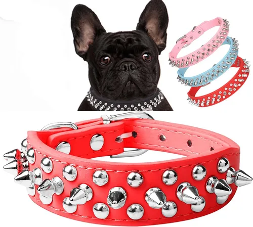 Vista 4 de Serijoars Collar para perro con tachuelas, de piel sintética suave con clavos de hongos, ajustable, para cachorros (XS, Negro)