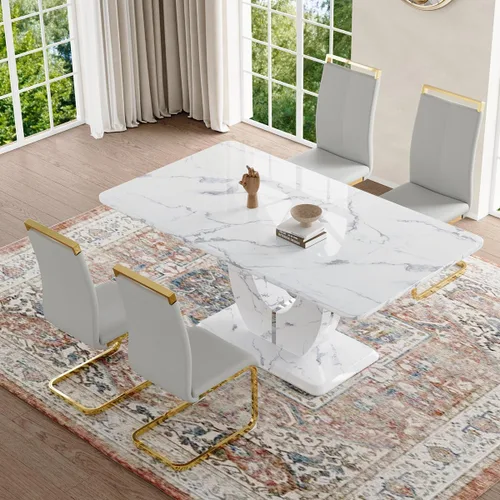 Vista 22 de Moderno juego de mesa de comedor de mármol sintético para 4, mesa de cocina rectangular blanca de 63 pulgadas con elegante base de pedestal