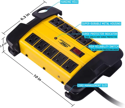 Vista 5 de CRST - Protector contra sobretensiones de metal resistente de 10 tomas de corriente con 15 amperios, 2 unidades Cable de 15 pies de largo, 2800