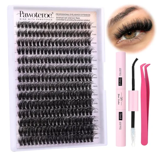 Vista 21 de Kit de Extensión de Pestañas Pawotence DIY 280 piezas, Kit de Racimos de Pestañas Individuales 20D y 30D Naturales 9-15mm, Kit de Extensiones
