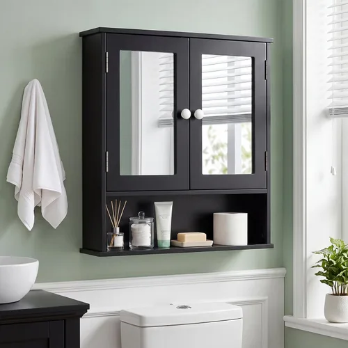 Vista 5 de GLACER - Armario de pared de baño moderno con espejo y estante ajustable Negro