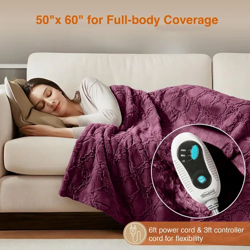 Vista 5 de Beautyrest Manta eléctrica de piel sintética cepillada larga con diseño texturizado Ogee, apagado automático, prácticamente cero EMF, configuración