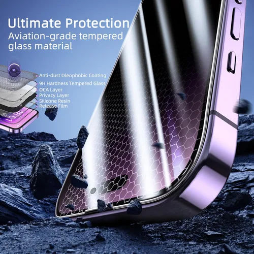 Vista 3 de Protector de pantalla de privacidad Ruwa para iPhone 14 Pro Max [Pack de 3] [17 cm] Película de vidrio templado para pantalla con marco