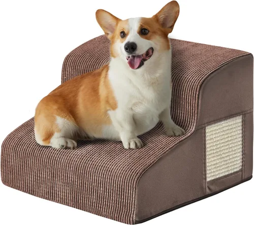 Vista 17 de Escaleras de perro para cama, escaleras para perros pequeños, rampa para perros de 2 peldaños para cama, sofá, sillón y sillas, diseño Beige