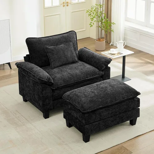 Vista 28 de URRED - Sofá seccional modular tipo nube, cómodo sofá cama de chenilla moderna con asientos profundos y otomán/almohadas para sala de estar