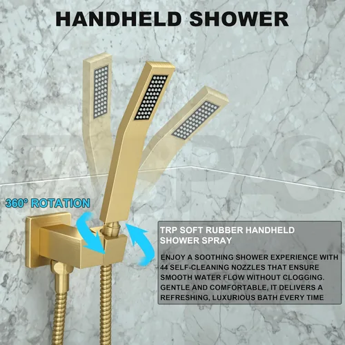 Vista 3 de Sistema de ducha dorado cepillado con cabezal de ducha de lluvia de 10 pulgadas y boquilla de bañera cUPC-certified pressure balance brass valve