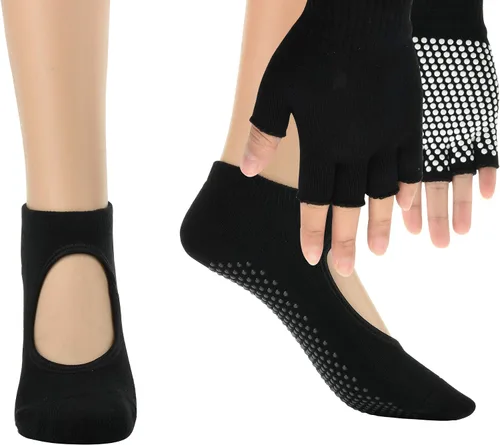 Vista 2 de Cosmos Juego de guantes y calcetines de yoga antideslizantes para mujer, juego de calcetines y guantes de pilates para mujer, barra, ballet, bikram