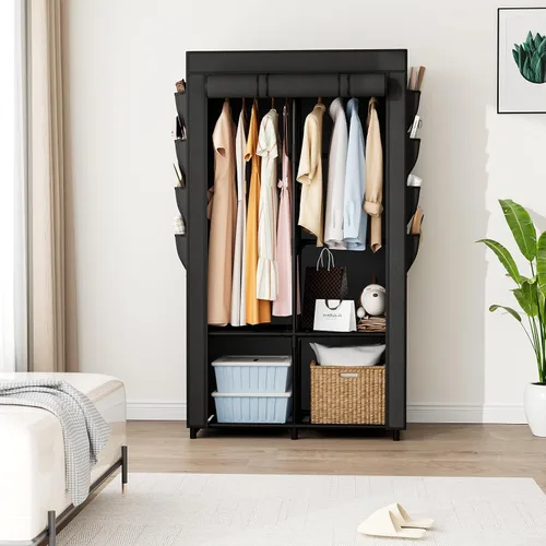 Vista 2 de Armario portátil para colgar ropa, armario portátil con tapa, 4 estantes de almacenamiento, 2 varillas para colgar y 8 bolsillos laterales, fácil