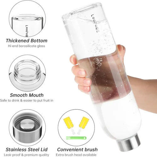 Vista 2 de Botellas de agua de vidrio de 32 oz, 1 litro / 1000ml botellas de vidrio para beber con tapas, botella de agua reutilizable grande de borosilicato