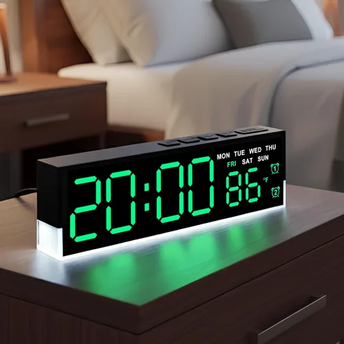 Vista 11 de JENLYSTIME Reloj despertador digital LED de 7 pulgadas con alarmas duales y luz inferior ｜ Muestra hora, fecha, día, temperatura ｜ Brillo
