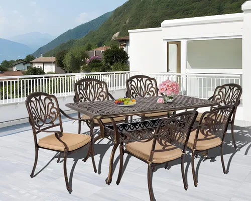 Vista 5 de TITIMO Juego de comedor de 7 piezas de aluminio fundido para patio, muebles de comedor al aire libre, juego de conversación de patio, mesa