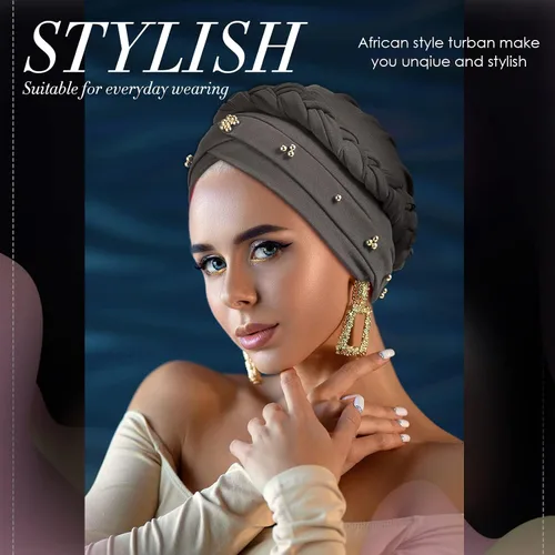 Vista 5 de 6 piezas de turbante africano para mujer, gorras trenzadas con cuentas elásticas