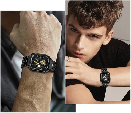 Vista 3 de Correa y funda de acero inoxidable compatible con Apple Watch Band 1.496 Negro
