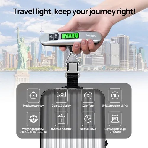 Vista 2 de Meilen - Báscula de equipaje digital para viajes con pantalla LCD retroiluminada, báscula portátil para maleta con capacidad de 110 libras 110.2