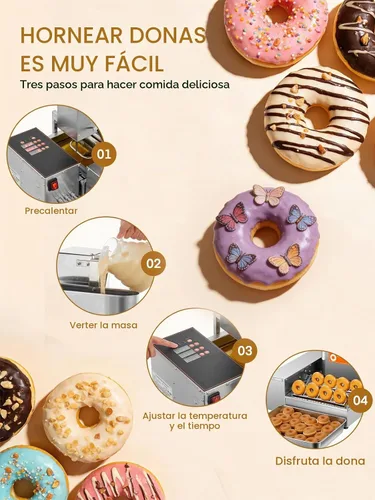 Vista 2 de FOHERE Máquina automática comercial para hacer donas, 1750 W, mini freidora de donas de 4 filas, tolva de 3 litros con control inteligente, 250