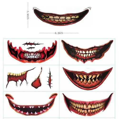 Vista 6 de Calcomanías de tatuaje de boca de sonrisa de Halloween, tatuajes temporales de boca de payaso, 12 hojas de calcomanías de cara aterradora