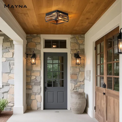 Vista 2 de MAYNA Lámpara de techo de granja, lámpara de techo rústica de 2 luces con montaje empotrado de metal y madera, accesorios de iluminación de pasillo