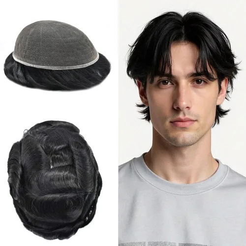 Vista 90 de PUNRU HAIR Completo Swiss Lace Toupee para hombres Sistema de cabello humano real Sistema de reemplazo de cabello humano para hombre Toupee