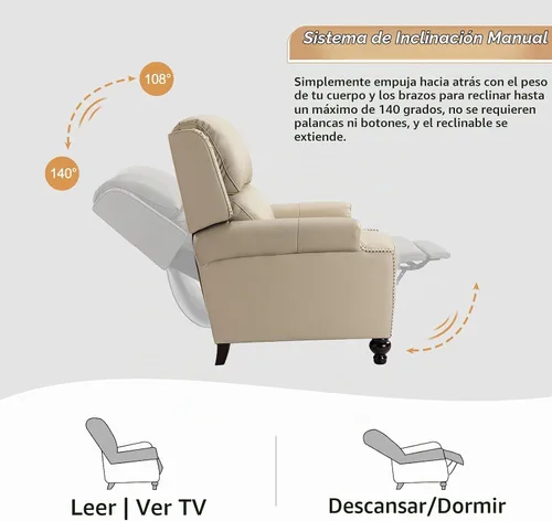 Vista 3 de HULALA HOME - Silla reclinable de piel auténtica, color beige