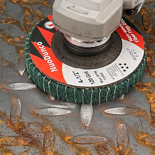 Vista 2 de Disco de pulido de fibra de nailon de 4 1/2 pulgadas para amoladora angular de metal y acero inoxidable, disco de lijado para eliminar óxidos