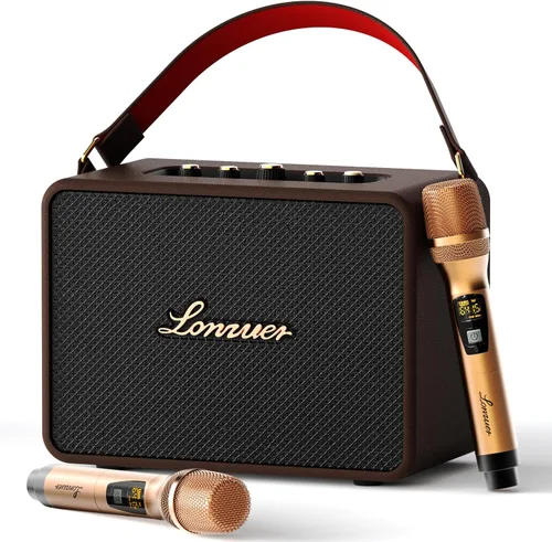 Vista 7 de Máquina de karaoke portátil recargable de 18000mAh 120W con graves potentes Bluetooth con 2 micrófonos inalámbricos Entrada AUX para guitarra