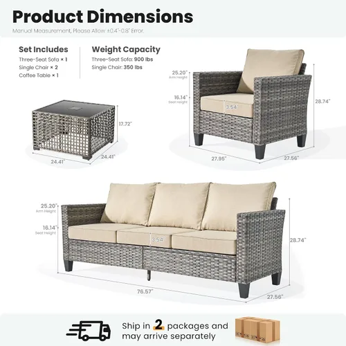 Vista 7 de ovios Juego de muebles de patio de 4 piezas con sofá de exterior, luces solares, mesa, cojines cómodos, sofá de conversación de mimbre de ratán