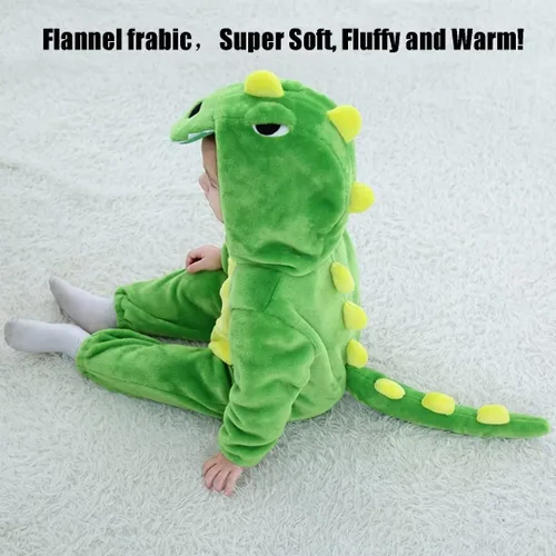 Vista 3 de QIAONIUNIU Disfraz de dinosaurio verde para bebé para Halloween, mameluco para niños pequeños, rómper para cosplay, de 30 a 36 meses