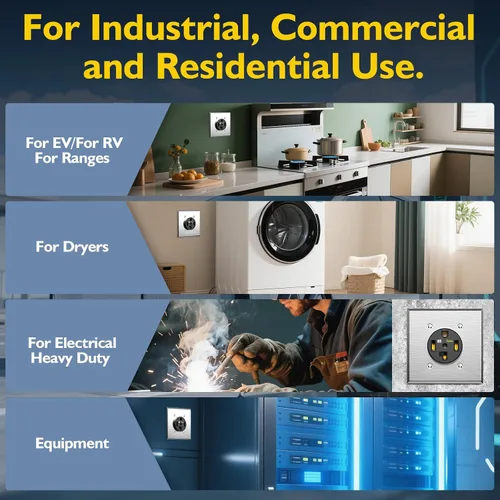 Vista 8 de Receptáculo/salida de dispositivo de hoja recta de carga EV de 30 amperios, resistente a la intemperie, NEMA 14-30R con placa de pared, grado