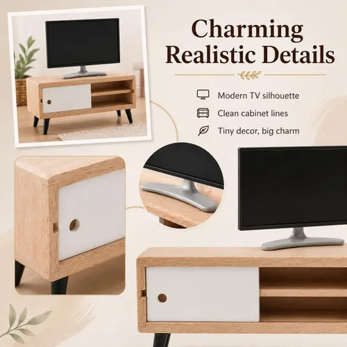 Vista 5 de NUOBESTY Mueble de TV y madera para casa de muñecas, monitor de juguete realista a escala 1/12, soporte de TV en miniatura moderno para casa
