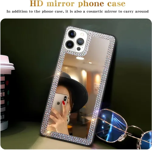 Vista 3 de Funda con espejo para iPhone 13 Pro Max para mujer con diamantes de imitación brillantes, espejo adhesivo para funda de teléfono, cubierta de espejo