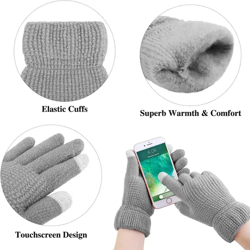 Vista 4 de Aneco Conjuntos cálidos de invierno para mujer, con pompones de piel de punto, gorro con lazo circular, bufanda para pantalla táctil, accesorios