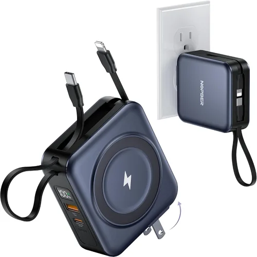 Vista 10 de Banco portátil del poder del cargador 10000mAh construido en cables y enchufe de pared PD 22.5W USB C carga rápida, carga inalámbrica magnética