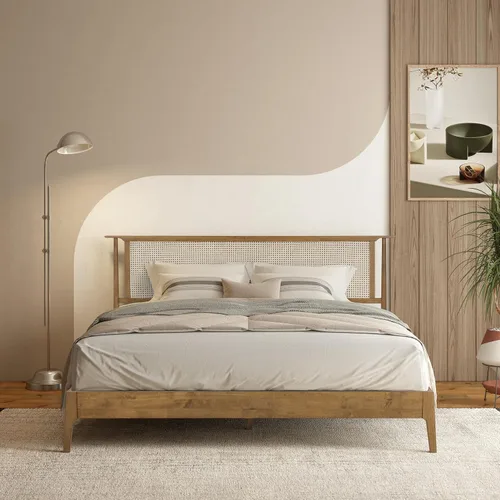Vista 9 de NTC Marco de Cama de Madera Ruby con Cabecero y Ratán Natural, Base de Madera Sólida de Roble/Caucho con Listones Silenciosos, Capacidad de 1000