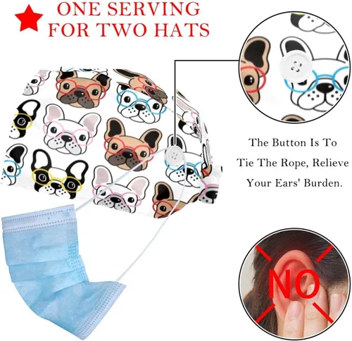 Vista 2 de 2 Pcs Adjustable Working Cap with Button, French Bulldog Portrait Surgical Cap Sweatband, Tie Back Hats for Women & Men