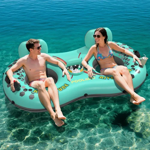 Vista 9 de Flotador de tubo de río resistente de 53 pulgadas para adultos, flotador inflable para piscina, lago y playa con portavasos incorporados, respaldo