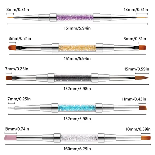 Vista 2 de Juego de 5 pinceles para arte de uñas de doble extremo, mango de diamantes de imitación de cristal, kit de pinceles de uñas 2 en 1 para esmalte