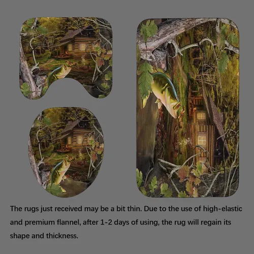 Vista 4 de Juego de 4 cortinas de ducha de cabaña, diseño de pez lubino salta del lago para comer, libélula barco, camuflaje, bosque verde, bosque, casa