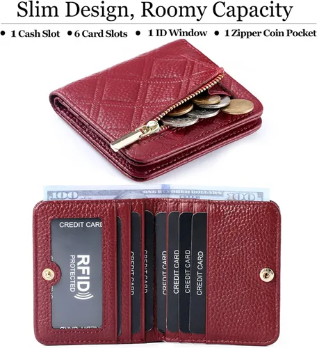 Vista 2 de Billetera para mujer, con bloqueo RFID, pequeña, compacta, plegable, de piel auténtica, con bolsillo, mini carteras para mujeres