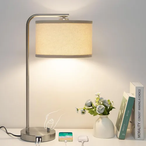 Vista 8 de Juego de 2 lámparas de mesa, lámpara de mesita de noche completamente regulable con puertos de carga USB C+A, lámparas modernas de noche