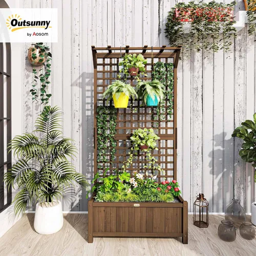 Vista 2 de Outsunny Maceta de Madera con Enrejado para Plantas Trepadoras, Cama Elevada, Caja de Maceta con Agujeros de Drenaje para Cultivar Verduras, Hierbas