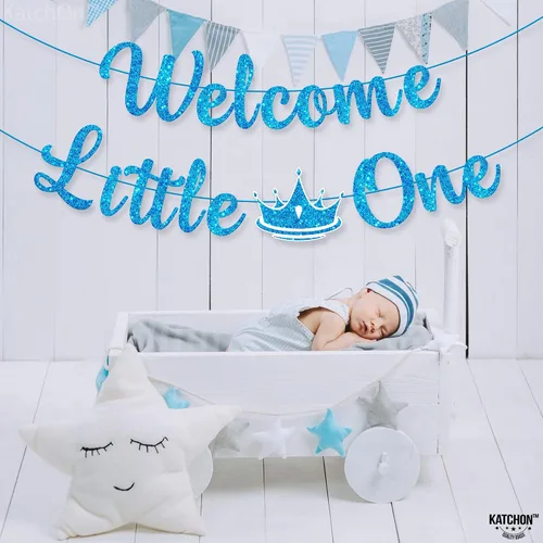Vista 7 de KatchOn Cartel de bienvenida con purpurina Little One - Azul, 10 pies, sin bricolaje Cartel de bienvenida para decoración de baby shower para bebé