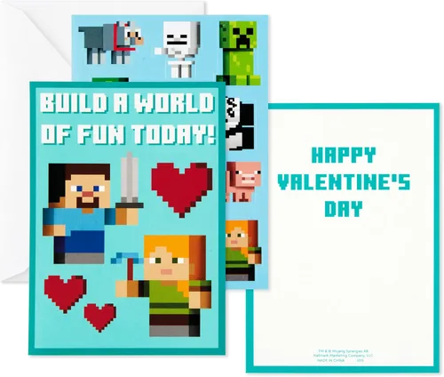 Vista 5 de Hallmark Minecraft - Tarjetas de San Valentín con calcomanías, paquete surtido de 24