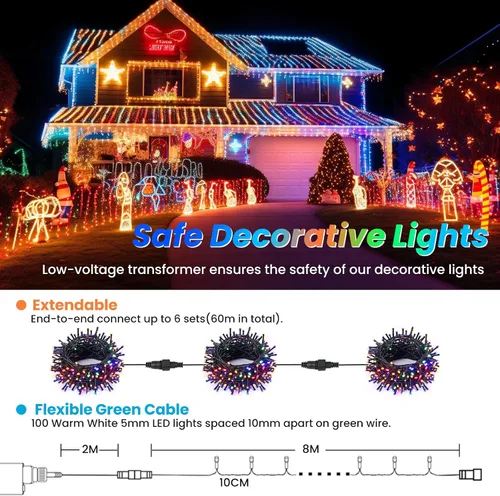 Vista 4 de JTSIOV - Cadena de luces de 10 metros/32 pies con 100 LED para árbol de Navidad, 8 modos, luces de hadas impermeables para exteriores, alimentadas