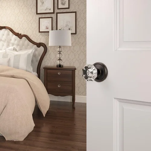 Vista 4 de Schlage Custom FC21 ALX 716 ALD Alexandria - Pomo de cristal con moldura Alden, cerradura para pasillos y camas, bronce envejecido