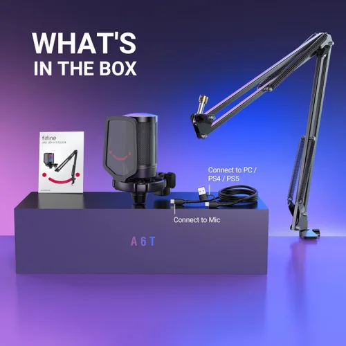 Vista 9 de FIFINE Gaming PC USB Microphone, Podcast Condenser Mic with Boom Arm, Pop Filter, Mute Button for Streaming, Twitch, Online Chat, RGB Computer Mic