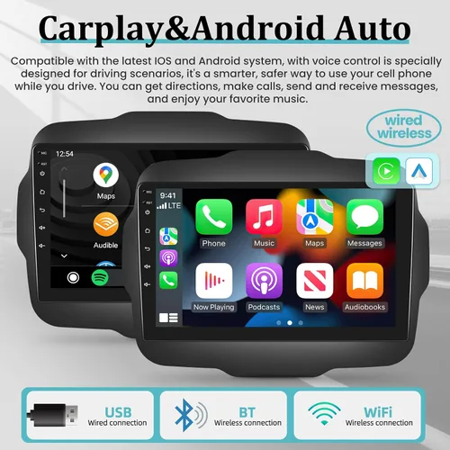 Vista 4 de Radio de coche Android para Jeep Renegade 2015-2020 con DSP, Apple Carplay inalámbrico y Android Auto de 9 pulgadas, pantalla táctil, estéreo