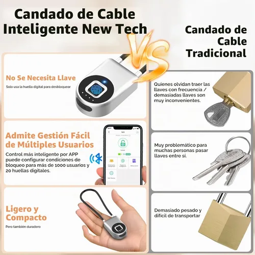 Vista 2 de eLinkSmart - Cerradura de cable de huellas dactilares, cerraduras para nevera con control de aplicación Bluetooth, candado inteligente biométrico