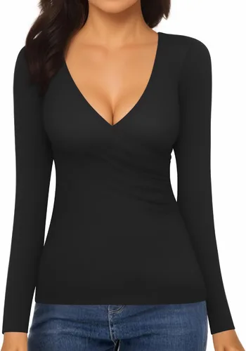 Vista 3 de MANGOPOP Camiseta de manga larga con cuello en V profundo y fruncido para mujer